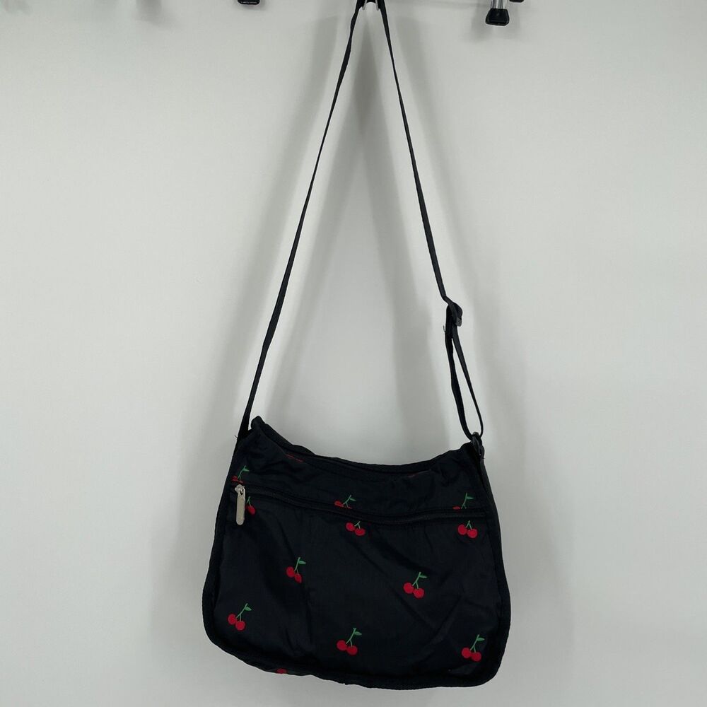 LeSportsac HTF Red Cherries Embroidered Shoulder Bag Purse Clean Black - Picture 3 of 10